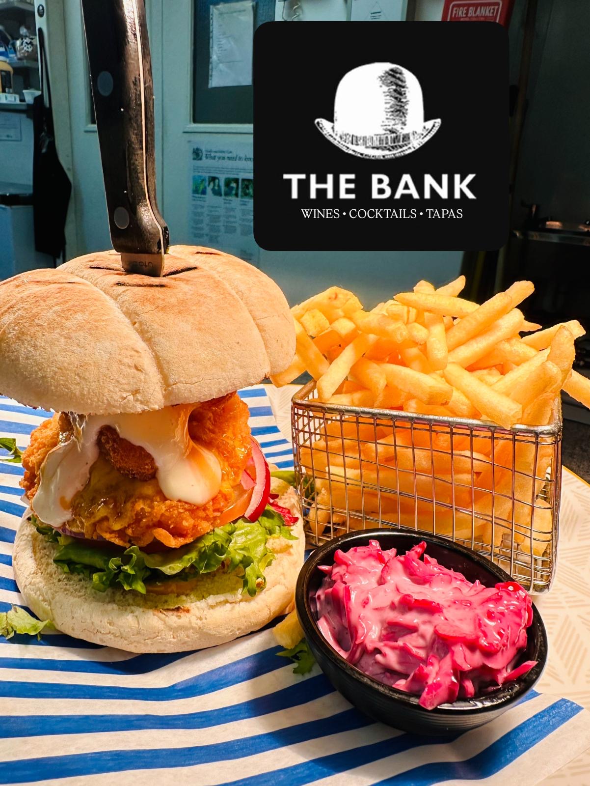 Crispy chicken burger with fries