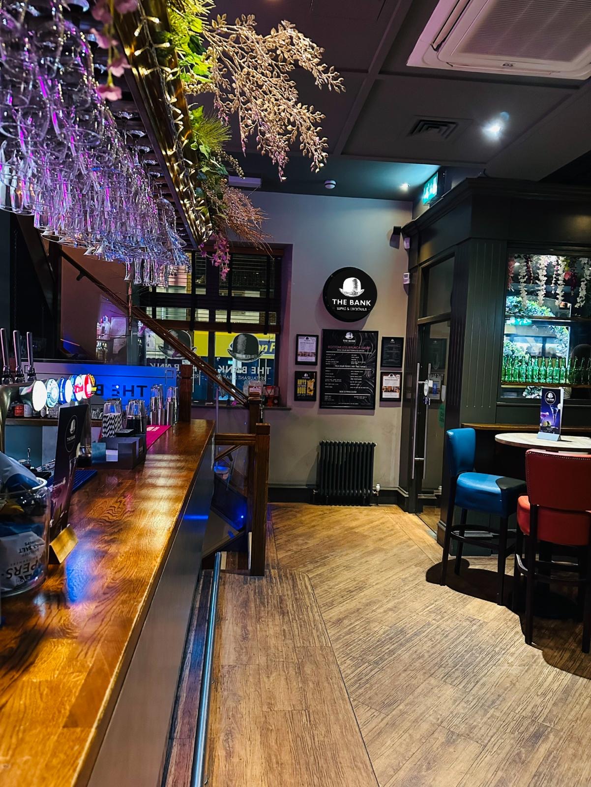 The Bank bar counter and seating area
